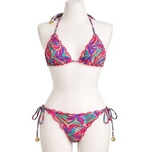 Luli Fama Wavy Triangle in Besos De Sal Bikini 2 PC Swimsuit Blue Red Green S